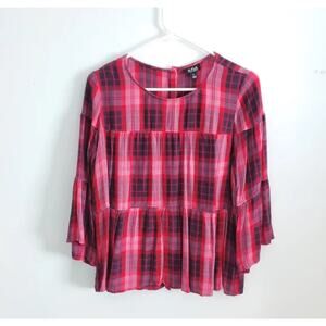 Colorful Boho Chic Burgundy Red Plaid Top, 3/4 Bell Sleeves Button Detail, XL